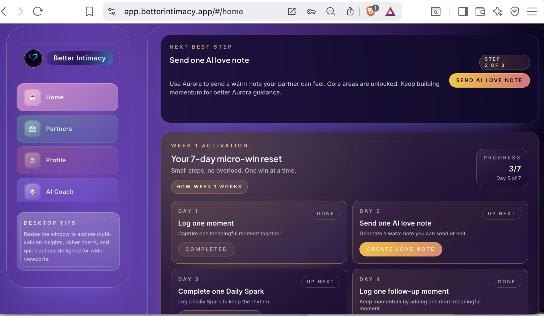 Better Intimacy desktop home with relationship guidance and context