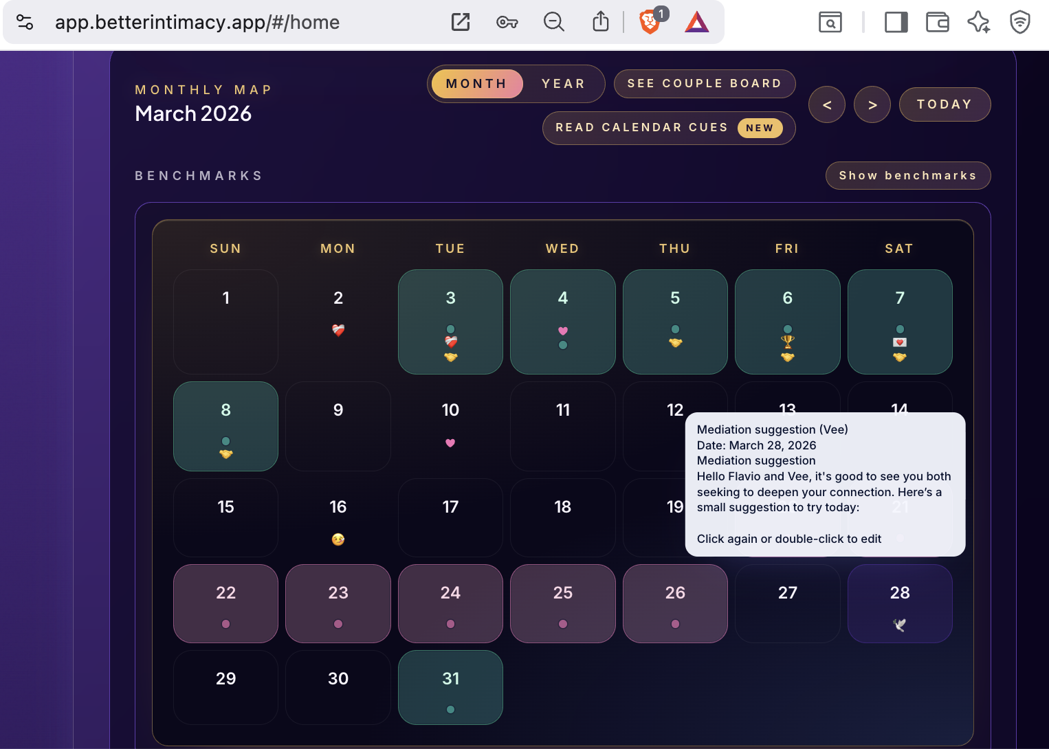 Monthly calendar view with relationship rhythms and context in Better Intimacy
