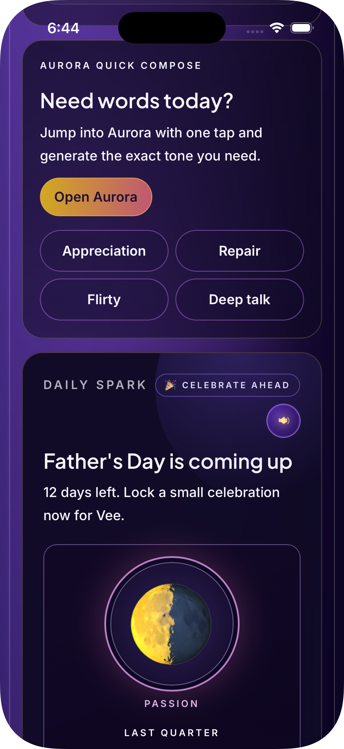Today on Aurora — your relationship dashboard