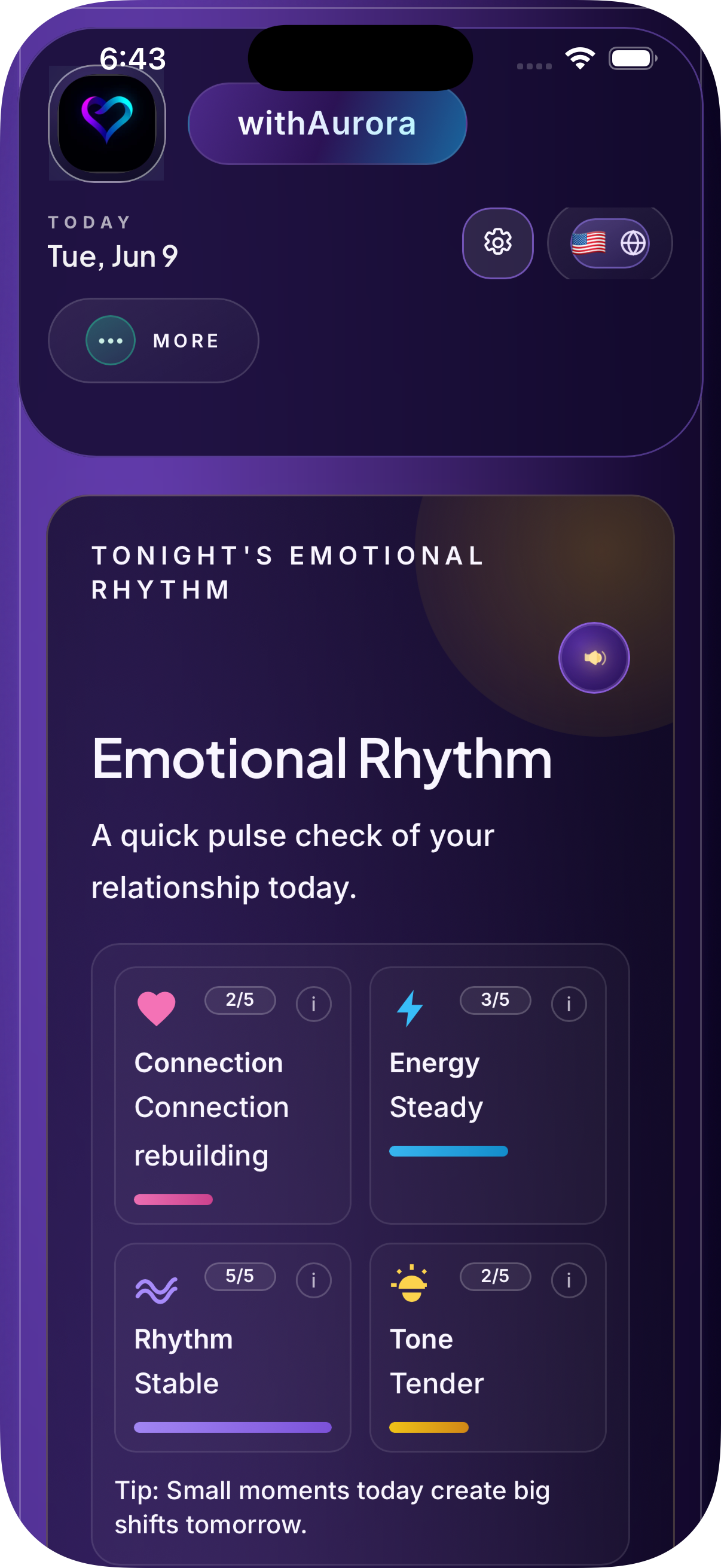 Tonight's Emotional Rhythm — Aurora dashboard with Connection, Energy, Rhythm and Tone pulse check